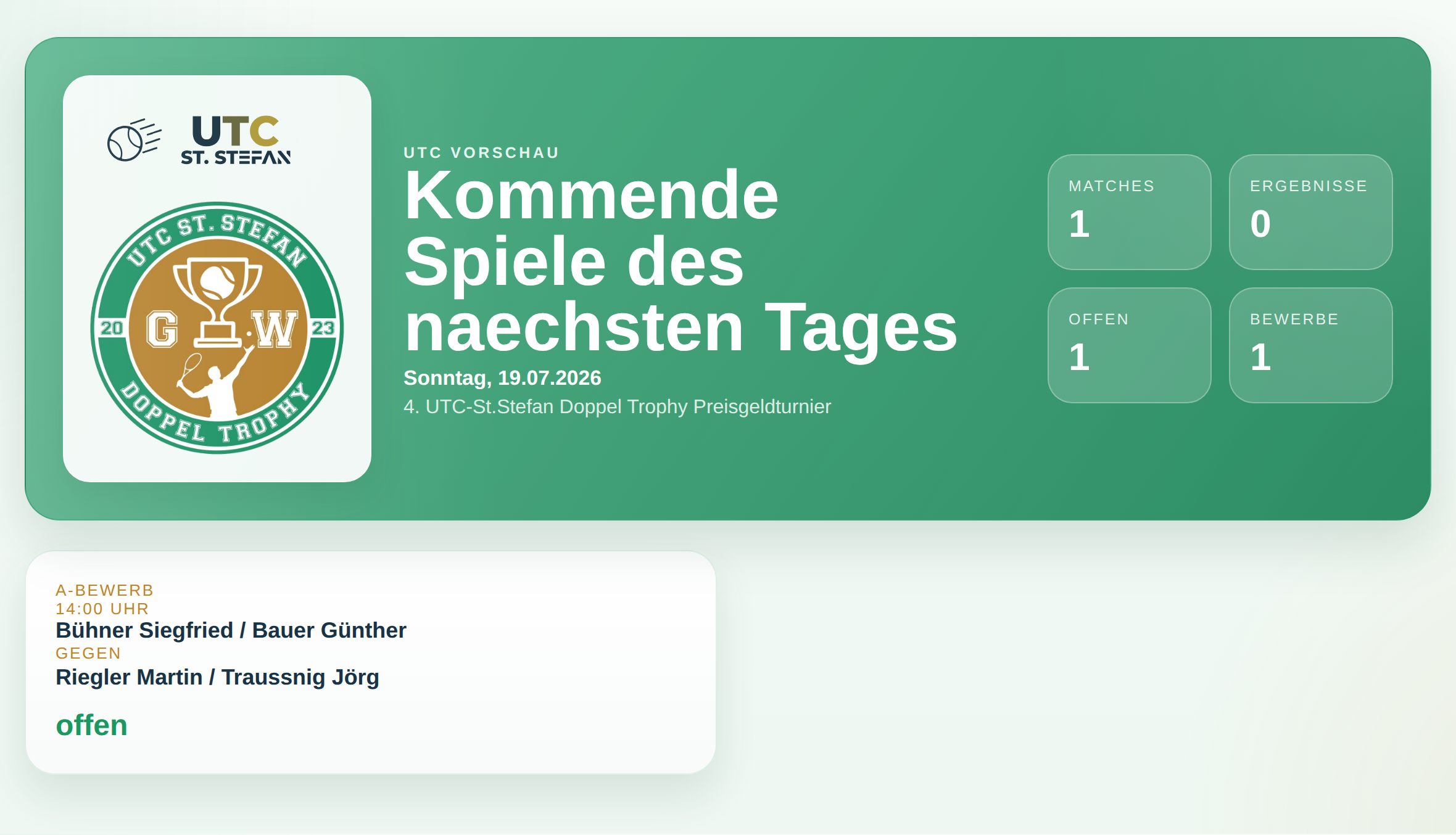 UTC Doppel Trophy: Kommende Spiele am Sonntag, 19.07.2026