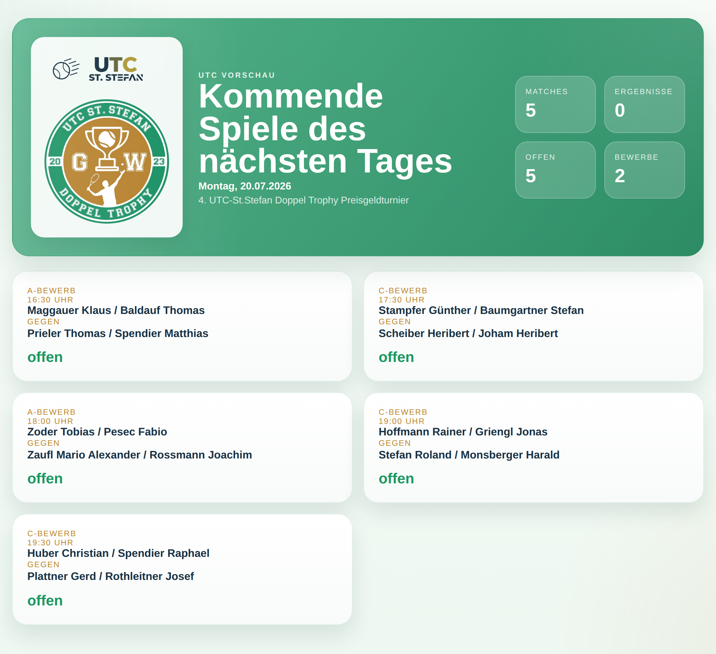 UTC Doppel Trophy: Kommende Spiele am Montag, 20.07.2026