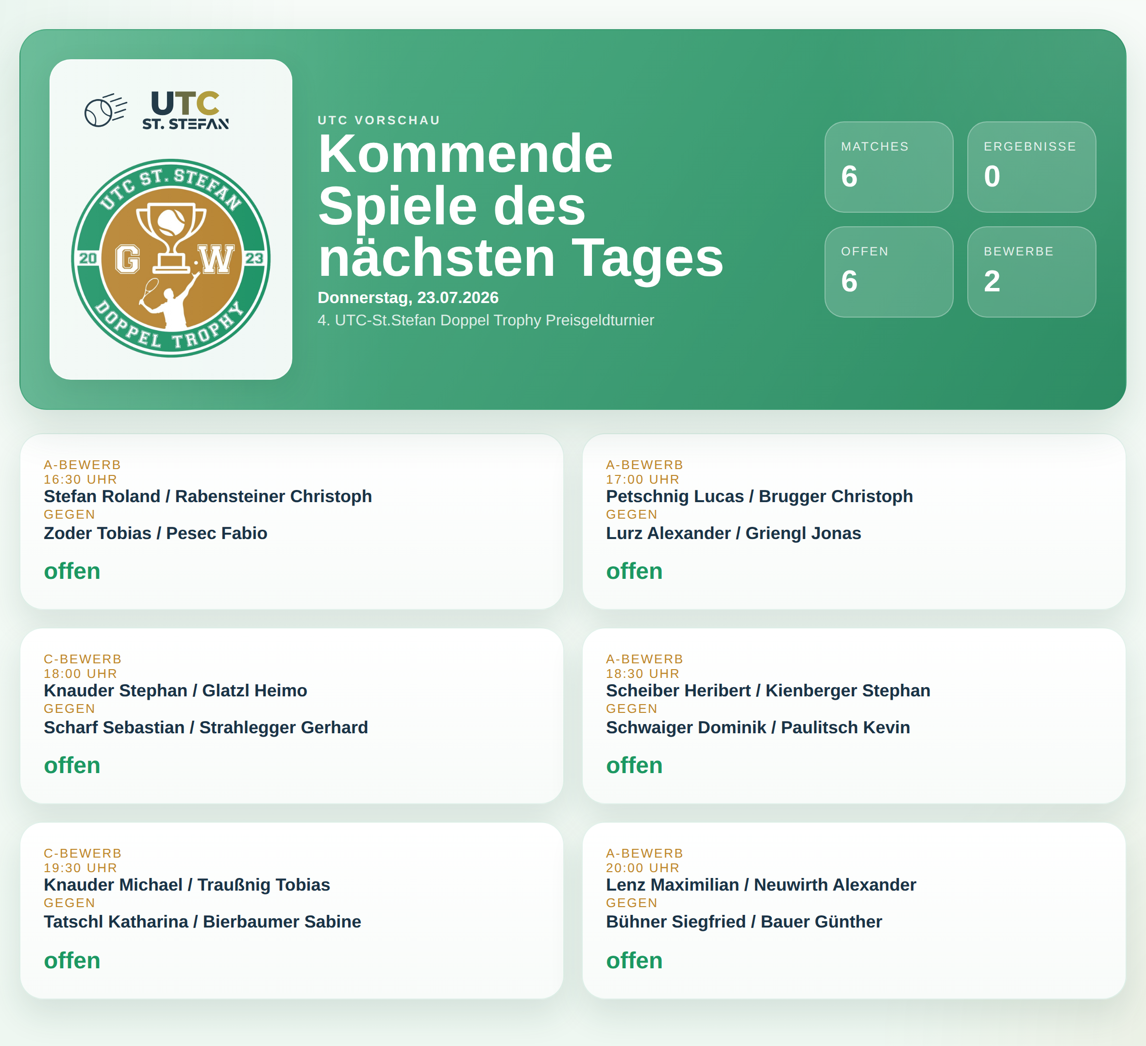 UTC Doppel Trophy: Wer spielt am Donnerstag, 23.07.2026?