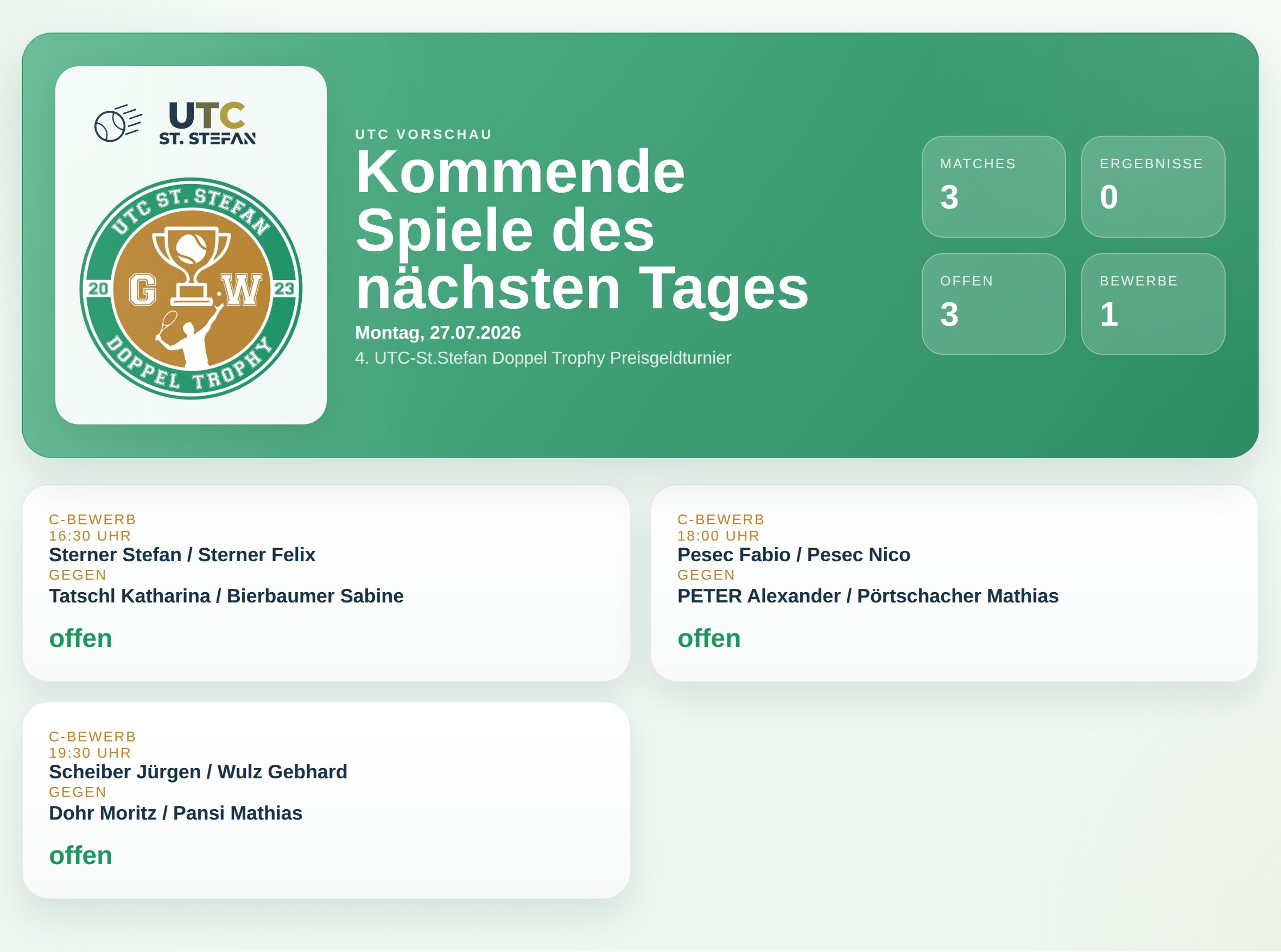 UTC Doppel Trophy: Wer spielt am Montag, 27.07.2026?