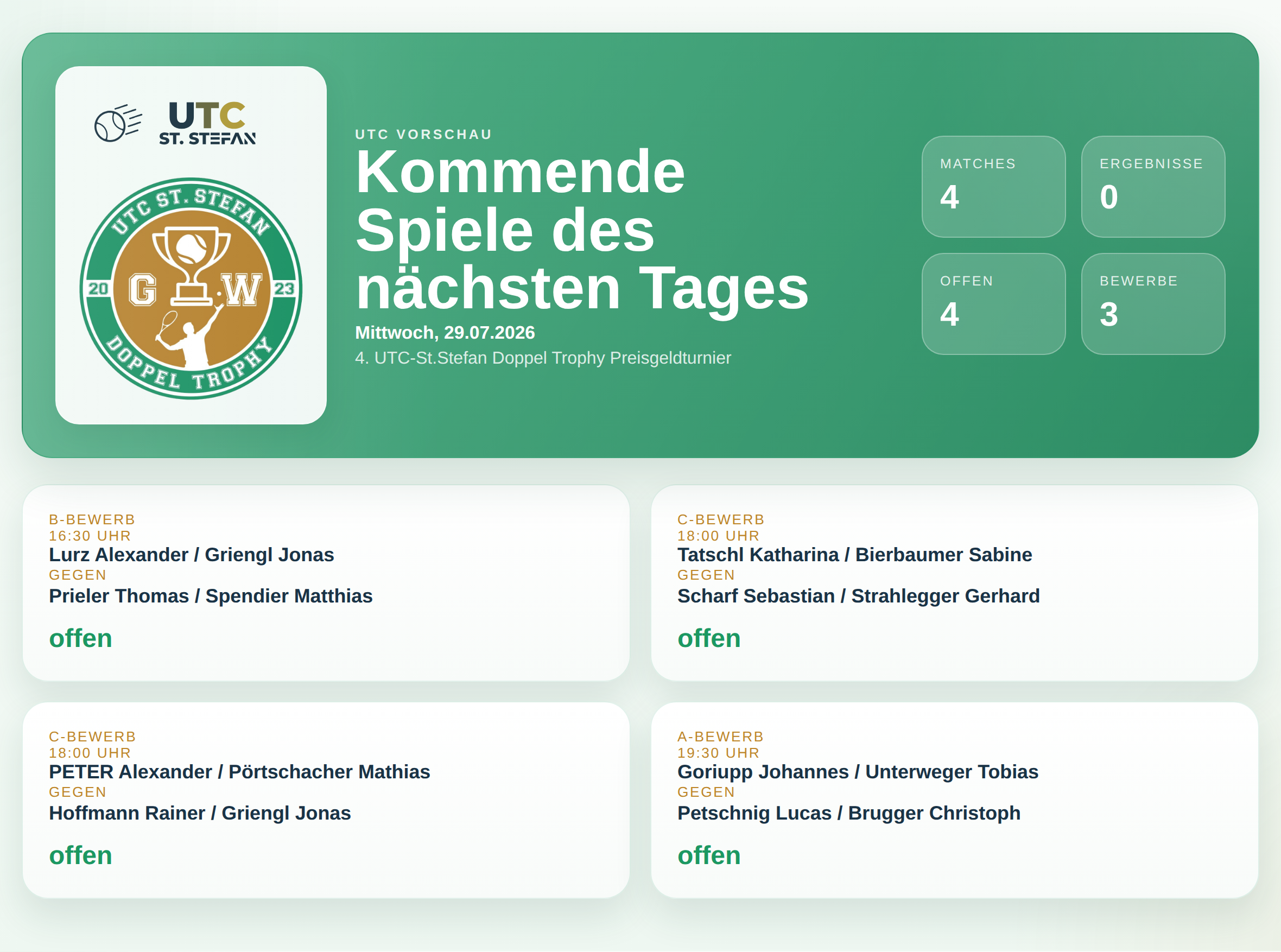 UTC Doppel Trophy: Wer spielt am Mittwoch, 29.07.2026?