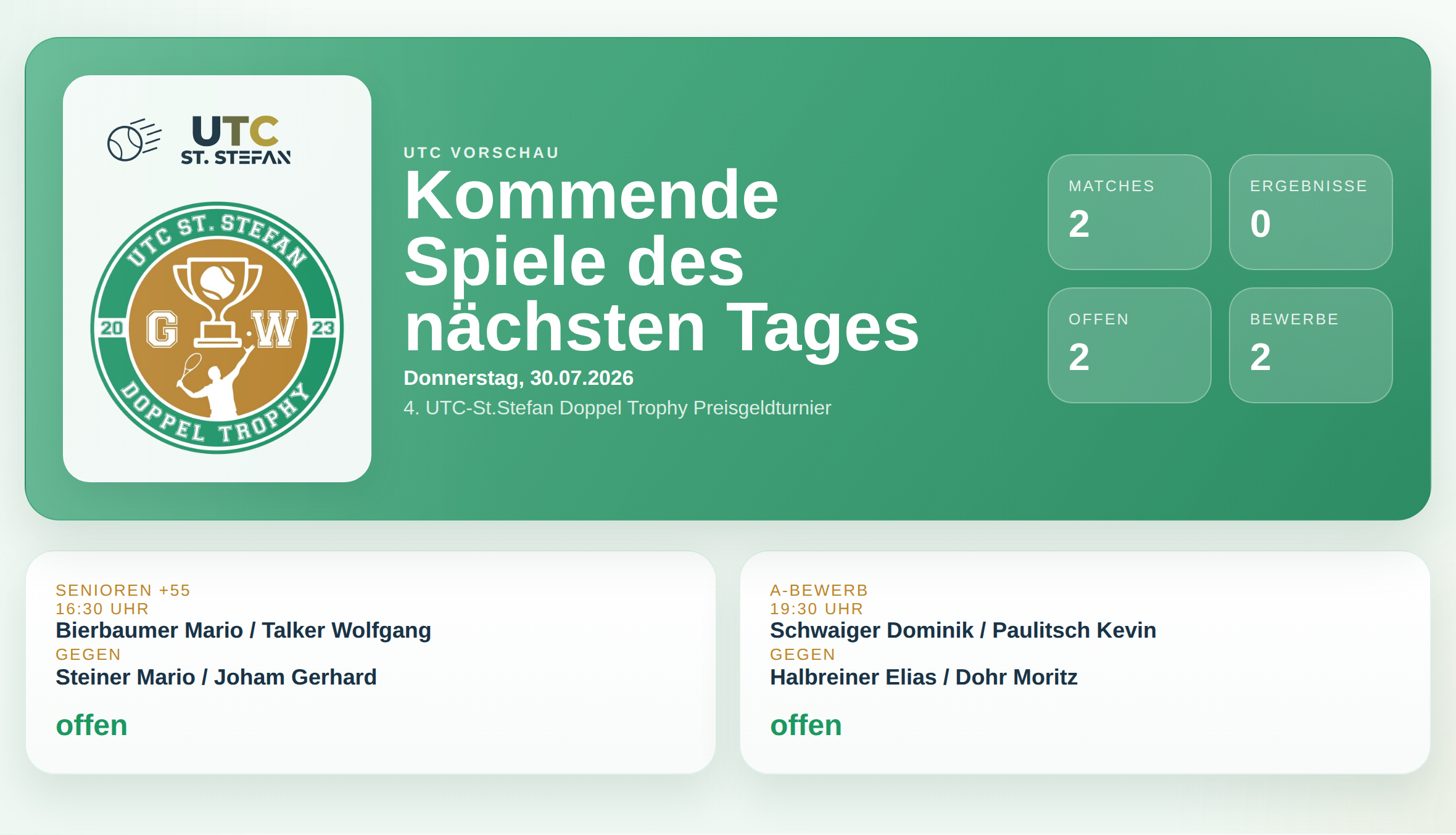 UTC Doppel Trophy: Wer spielt am Donnerstag, 30.07.2026?