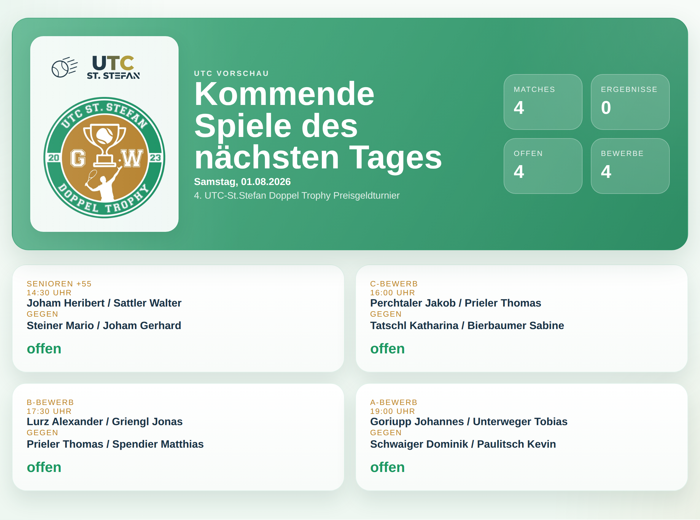 UTC Doppel Trophy: Wer spielt am Samstag, 01.08.2026?