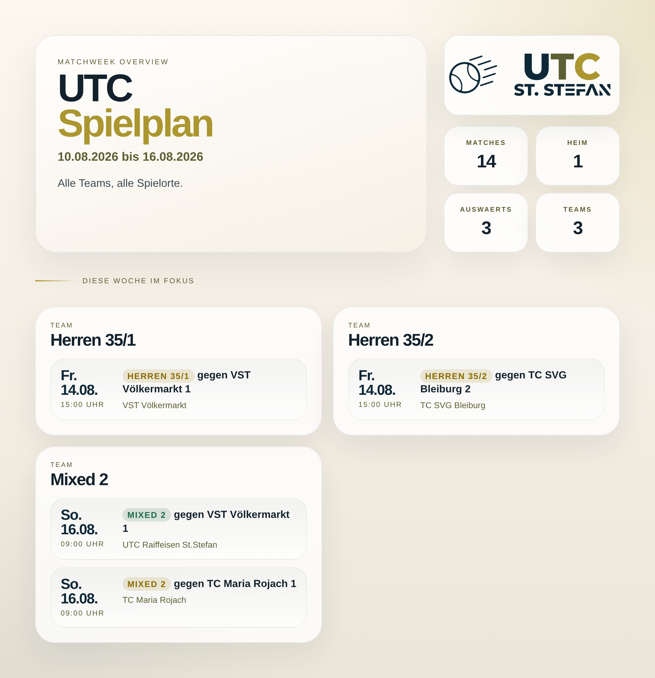 UTC Spielwoche 10.08.2026 bis 16.08.2026