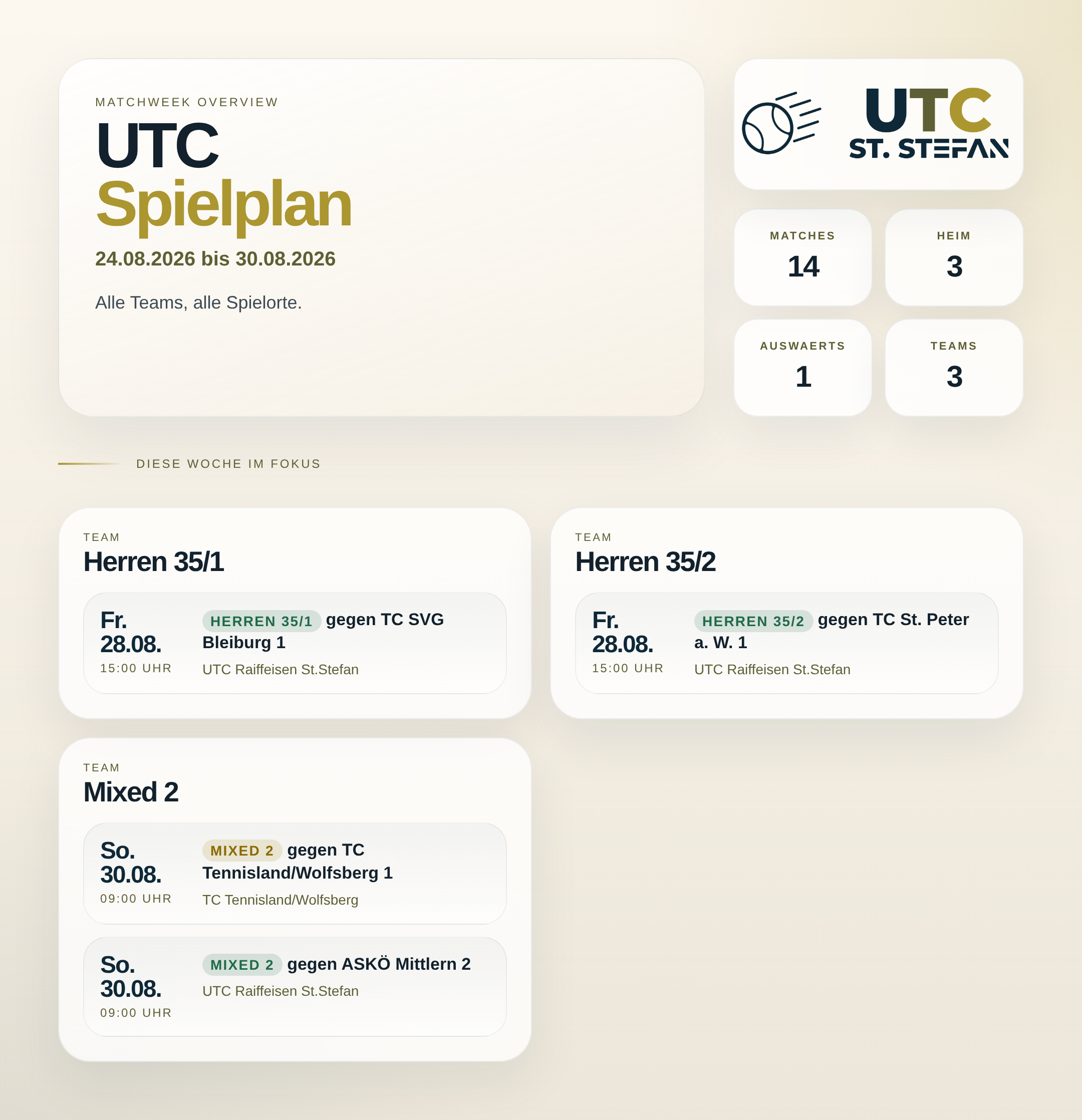 UTC Spielwoche 24.08.2026 bis 30.08.2026