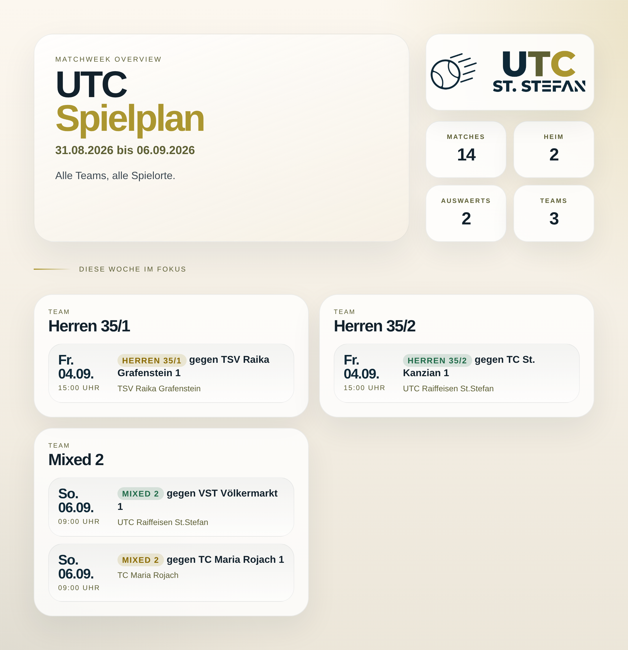 UTC Spielwoche 31.08.2026 bis 06.09.2026