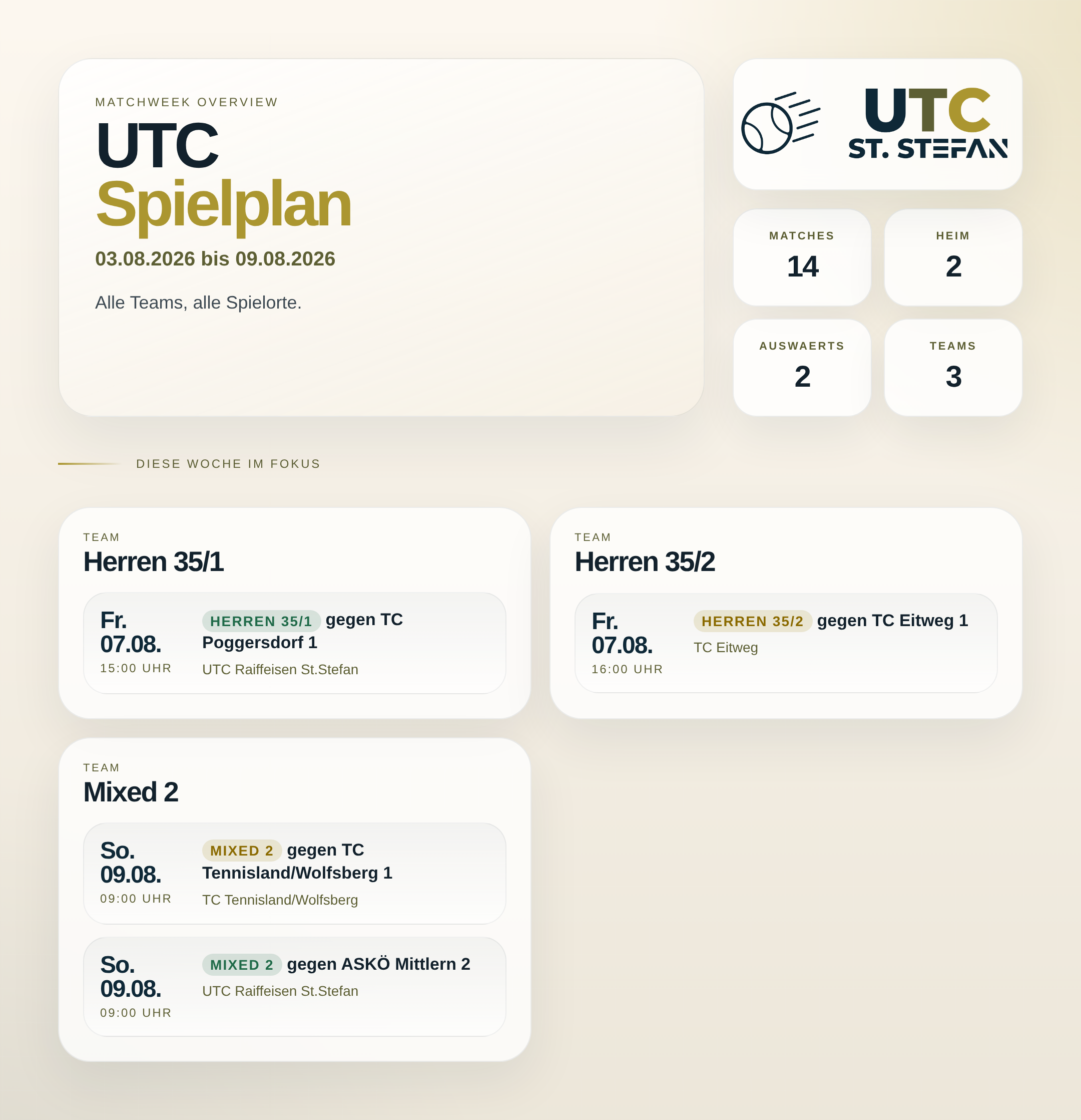 UTC Spielwoche 03.08.2026 bis 09.08.2026
