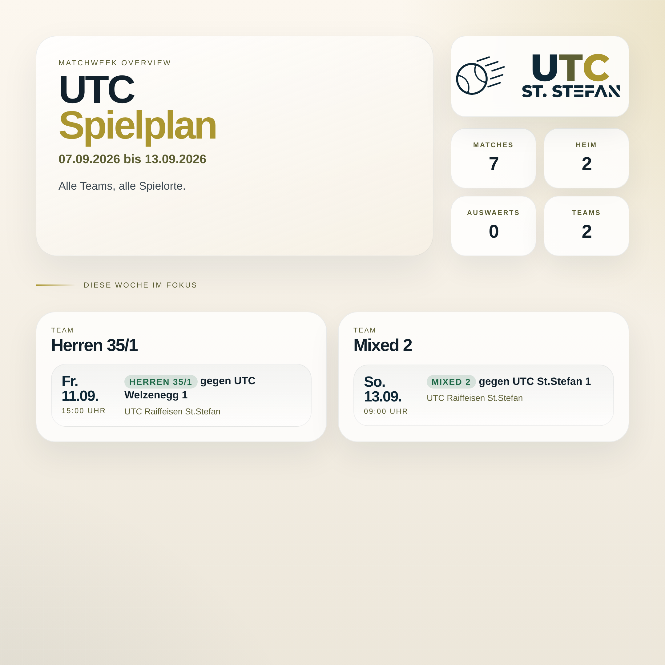 UTC Spielwoche 07.09.2026 bis 13.09.2026
